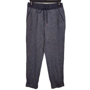 Athleta Womens Bali Linen Ankle Pant Blue & White Stripes Drawstring Casual Sz 2